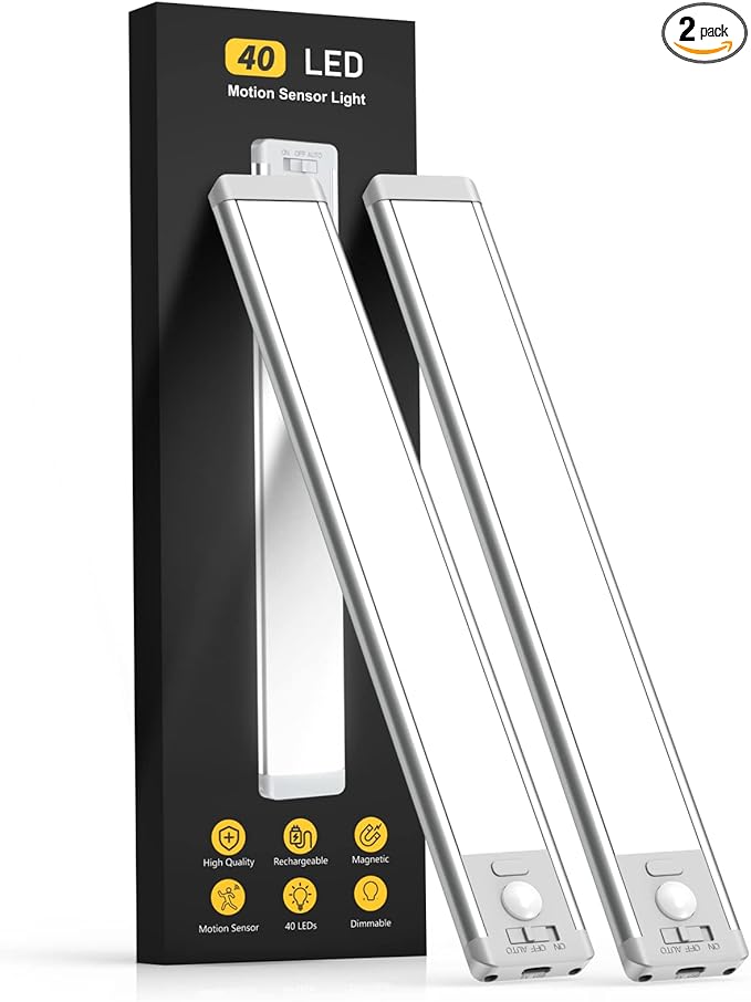 10inch Under Cabinet Lighting, 2 Pack Rechargeable Motion Sensor Light Indoor